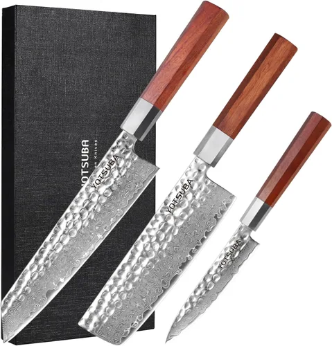 YOTSUBA Juego de 3 cuchillos de chef japoneses, juego de cuchillos de cocina de damasco con hoja de acero de alto carbono forjado a mano, juego de