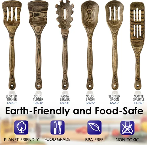 Vista 2 de Juego de utensilios de cocina de madera de Pakkawood de 6 piezas Cucharas de cocina de madera con espátula ranurada, volteador, cuchara