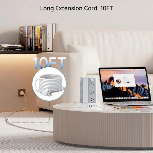 Vista 4 de Regleta de alimentación con protector contra sobretensiones, cable de extensión de 10 pies con 12 tomacorrientes múltiples de CA y 4 USB (1 USB C)