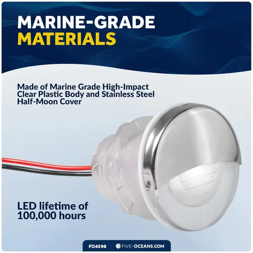 Vista 4 de Five Oceans Luces LED de cortesía para barco, 1-5/16 pulgadas, redonda, media cubierta de acero inoxidable 316, impermeable IP68, blanco frío, 12 V