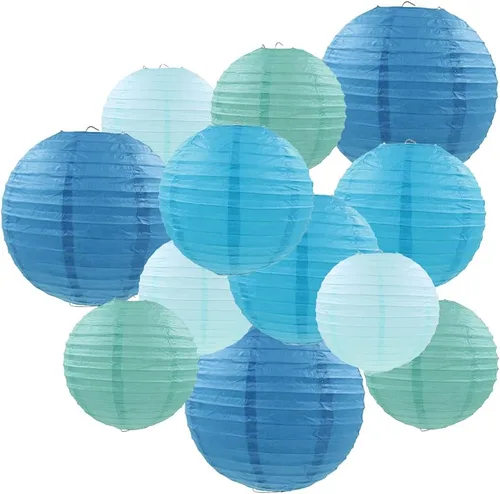 Faroles de papel azules, 12 unidades de tamaños surtidos de 6, 8, 10, 12 pulgadas, chinos, redondos, de papel, para decoración del hogar, fiestas y