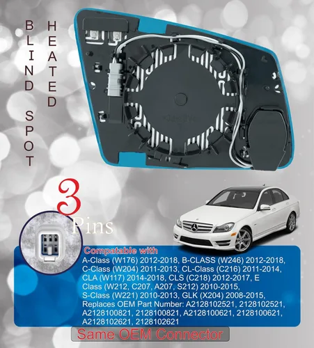 Vista 4 de EAP Espejo lateral del conductor de cristal compatible con Mercedes A B C CL CLA CLS E S GLK GLA, calentado con punto ciego sin atenuación