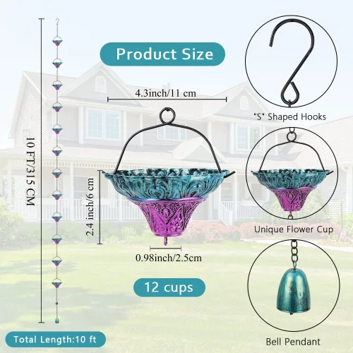 Vista 3 de Cadenas de lluvia de 10 pies para exterior, cadena de canalón de lluvia con 12 copas de flores, cadena de captura de agua de lluvia ajustable