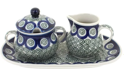 Vista 6 de Blue Rose Polish Pottery Bluebird - Juego de crema y azúcar con bandeja