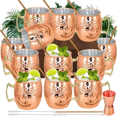 Vista 8 de Moscow Mule - Juego de 4 tazas de cobre chapadas de 18 onzas con asa, tazas grandes de acero inoxidable martillado con doble jigger de 0.5 onzas