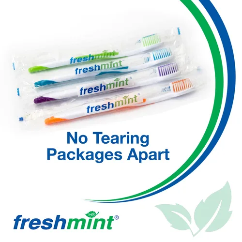 Vista 3 de FRESHMINT Paquete de 144 cepillos de dientes envueltos individualmente, mango de goma de fácil agarre de gran tamaño, cerdas de nailon multicolor