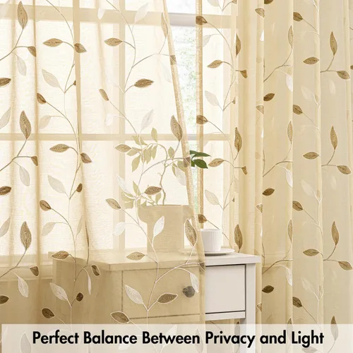 Vista 5 de MIULEE Cortinas traslúcidas beige 2 paneles bordados con estampado de hojas, bolsillo para barra, floral, semitransparentes, de lino sintético
