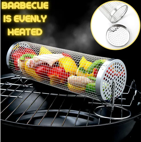 Vista 2 de Cesta de barbacoa con tapa Cesta de barbacoa de acero inoxidable para exteriores Accesorios de cocina cilíndricos de malla redonda para barbacoa