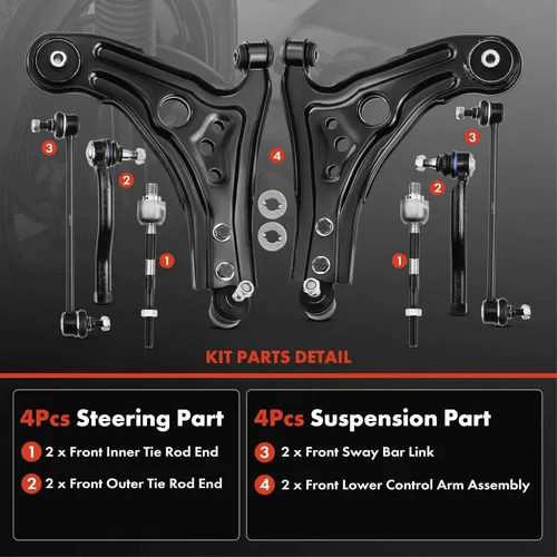 Vista 3 de A-Premium Juego de 8, brazo de control inferior delantero, barra estabilizadora, extremo de barra de acoplamiento interior exterior, compatible
