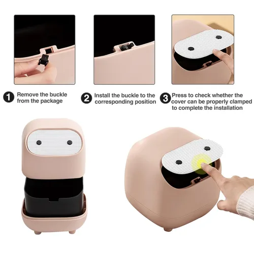 Vista 6 de Mini bote de basura con tapa, lindos botes de basura de escritorio ninja, pequeño bote de basura de plástico para oficina, tocador de baño, Amarillo