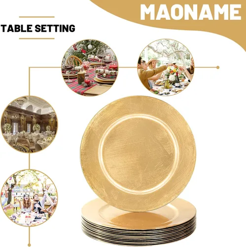 Vista 6 de MAONAME Platos base dorados de papel de aluminio, juego de 12, platos base de 13", platos base de plástico redondos para decoración de mesa, paquete
