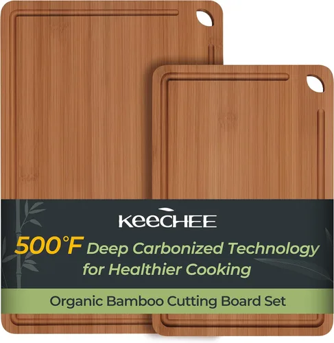 Vista 16 de Keechee Tabla de Cortar de Madera para Cocina - Juego de Regalo de 3 Tablas de Cortar Reversibles de Bambú con Ranura para Jugos, Tabla de Cortar