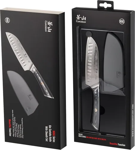 Vista 8 de Cangshan Cuchillo Santoku de la serie NAKA de 6 pulgadas con funda, acero de Damasco forjado X-7, 503107