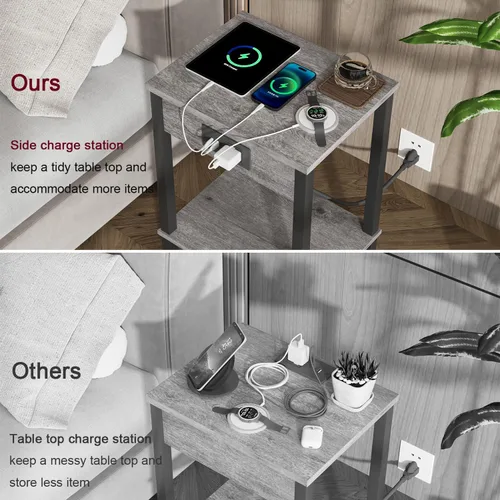 Vista 4 de VIMBER Juego de 2 mesas auxiliares con estación de carga, mesa auxiliar estrecha con puertos USB y tomas, mesitas de noche con estantes
