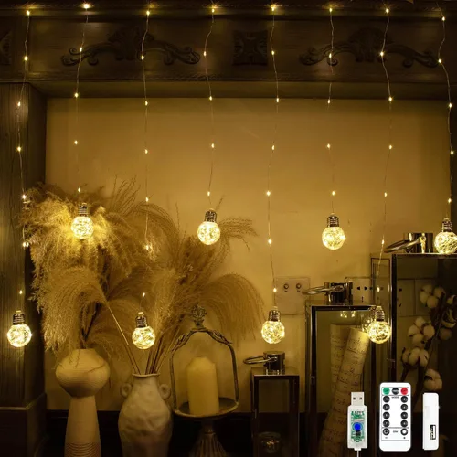 Vista 8 de Wish - Cortina de luces de bola de 200 luces LED para ventana, USB / batería, guirnalda de luces para telón de fondo de boda, habitación