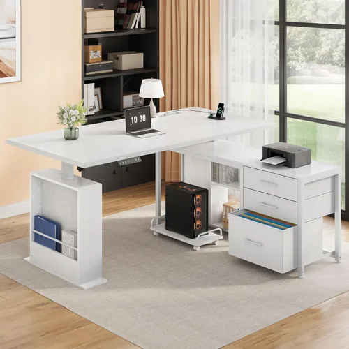 Vista 11 de Escritorio de pie en forma de L de 47 pulgadas con 3 cajones, escritorio eléctrico de pie con almacenamiento para computadora, altura ajustable