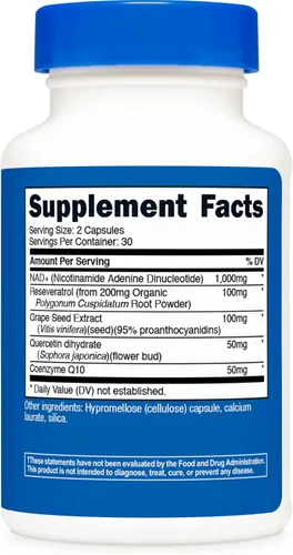 Vista 5 de Nutricost NAD+ (1000mg) with Resveratrol (100mg) 60 Capsules - with Grape Seed, Quercetin & CoQ10, GMO-Free, Gluten-Free, 30 Servings