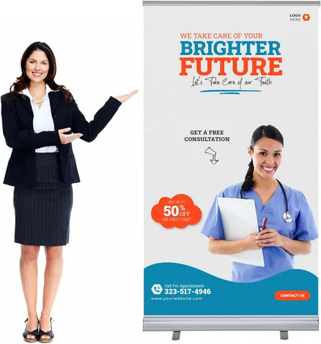 Vista 5 de M&T Displays Super Eco - Pancarta retráctil enrollable de pie de 48 x 78.75 pulgadas, perfil de aluminio plateado con bolsa de transporte