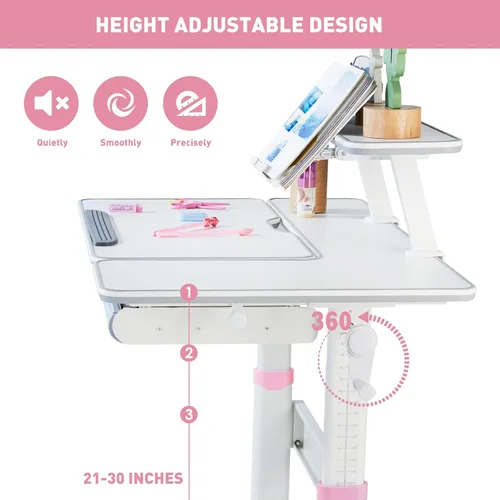 Vista 25 de COSVALVE Escritorio ajustable para niños con cajón, mesa de estudio ergonómica multifunción de 39 pulgadas de ancho con estante, escritorio Azul