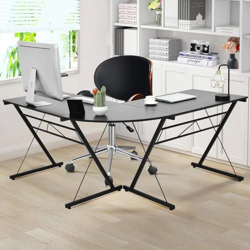 Vista 2 de Tangkula Escritorio en forma de L, escritorio de esquina para computadora, ahorro de espacio y multifuncional, escritorio de oficina en casa