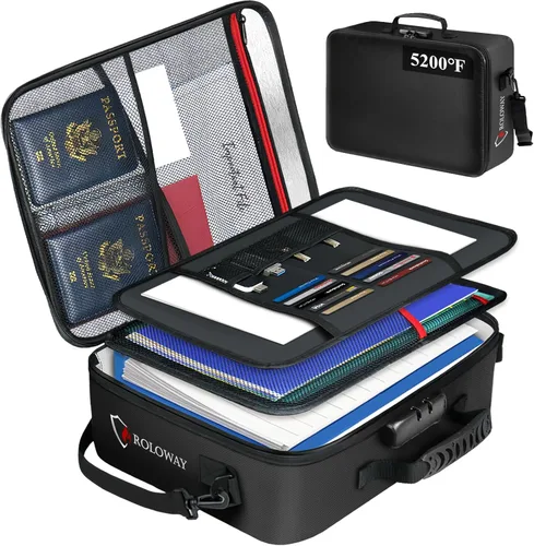 Vista 10 de ROLOWAY Bolsa ignífuga para documentos con cerradura (17 x 11.8 x 5 pulgadas), bolsa de almacenamiento para documentos importantes con organizadores