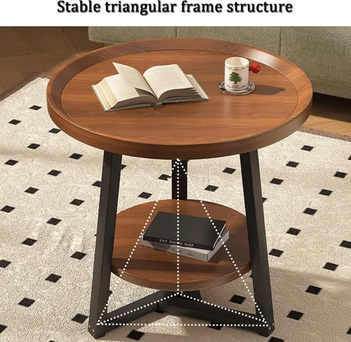 Vista 7 de YVYKFZD Mesa auxiliar redonda, mesa central de madera de 2 niveles para sala de estar, mesa de té acanalada con marco de metal, mesa auxiliar
