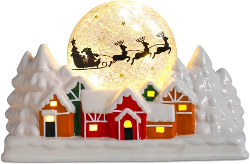 Vista 9 de Bdor Decoración de Aldea Navideña de Cerámica Iluminada – Escena de Casa LED Blanca de 11" con Letrero Dorado "Merry Christmas" – Decoración de Mesa