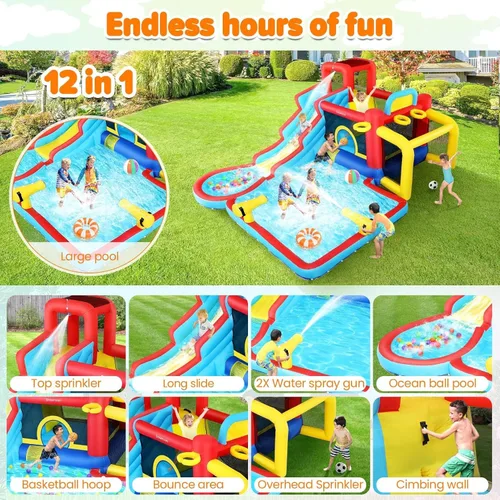 Vista 5 de AKEYDIY Casa inflable de rebote de tobogán acuático 13 en 1, olas de cascada, Mega toboganes acuáticos, gran casa de rebote de agua, gorila