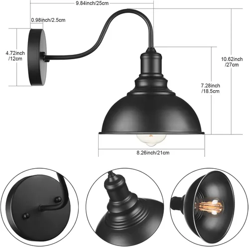 Vista 2 de YeLEEiNO Lámparas de pared, aplique de pared negro, iluminación de granero, lámpara de pared industrial vintage de granja E26, lámpara de pared LED
