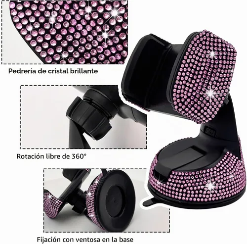 Vista 4 de Bling Soporte de Teléfono para Coche, Soporte de Teléfono Ajustable en 360 Grados de Cristal para Salpicadero y Ventilación de Coche, Soporte Negro