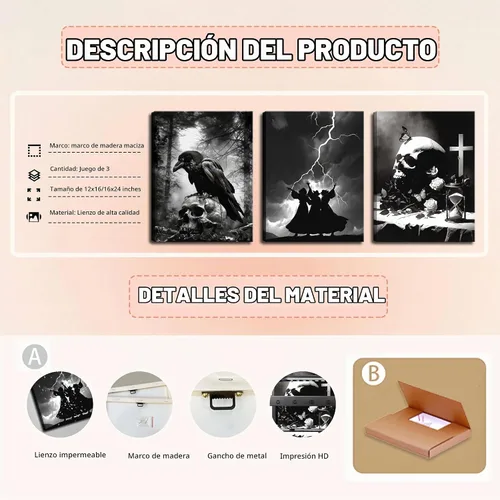 Vista 7 de Juego de 3 lienzos góticos para pared, diseño de rosas románticas de Halloween, decoración de pared, pósteres de calavera de cuervo gótico oscuro