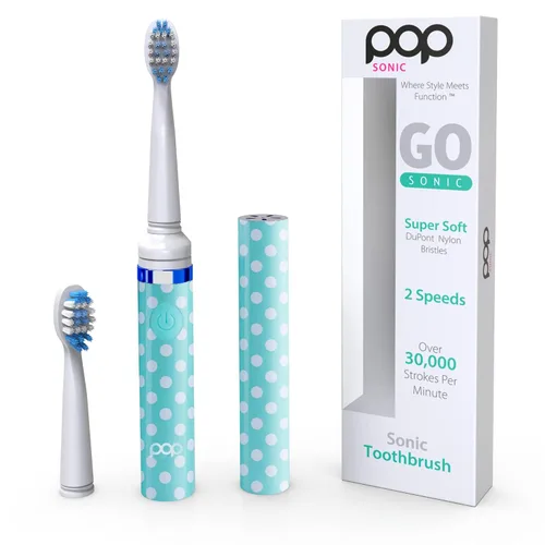 Vista 2 de Cepillo de dientes eléctrico Pop Sonic (puntos azules) Paquete de 2 cabezales de repuesto – Cepillos de dientes de viaje con batería AAA Cepillos