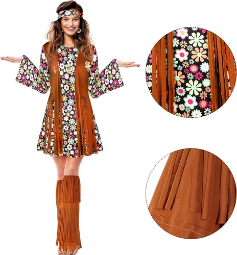 Vista 6 de Conjunto de disfraz hippie de los años 70 y 60, accesorios para fiesta de carnaval, Halloween, vestido de discoteca para niñas