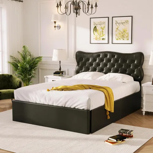 Vista 65 de Elegante cama con plataforma tapizada de terciopelo de tamaño Queen con cabecero, para niños, niñas y adolescentes (beige @cabecero/, Queen)