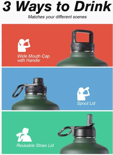 Vista 5 de Coolflask - Botella de agua de 64 onzas aislada, con popote y 3 tapas, acero inoxidable, boca ancha, libre de bisfenol A (BPA), mantiene las bebidas