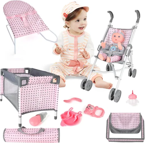 Vista 2 de deAO Muñeca de bebé, cochecito de cuna, cama de guardería, juego de rol, muñeca de bebé con accesorios y alfombra de juego, cuna de viaje, saltador