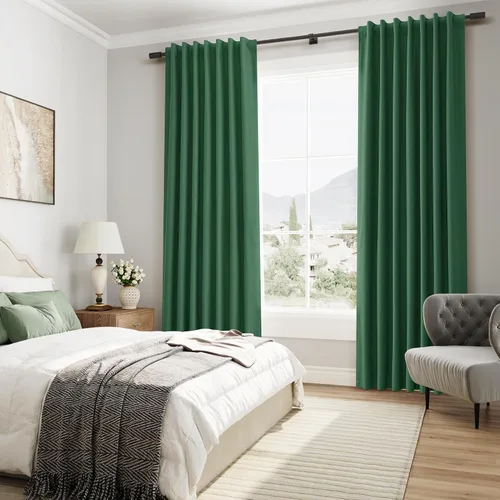 Vista 6 de Cortinas 100% Opacas Verde Oscuro 72 Pulgadas de Largo 2 Paneles para Dormitorio Aislantes Textura de Lino Sólido Cortinas Oscurecedoras