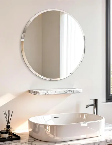 Vista 27 de Espejo de pared ovalado sin marco: Espejo decorativo elíptico de vidrio espejado para tocador con borde plateado biselado para baño, dormitorio