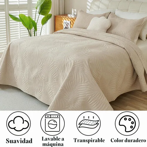 Vista 4 de Cmfshape Juego de edredón beige tamaño Queen – Ropa de cama ligera de hoja de palmera, edredón crema neutro, juego de edredón beige Queen y opción