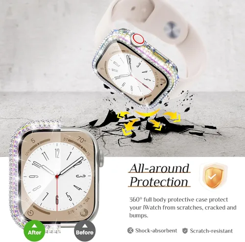Vista 6 de Goton - Funda impermeable brillante de 1.732 pulgadas para Apple Watch, protector de pantalla SE 3/2/1, Series 6/5/4 de 44 mm, parachoques frontal