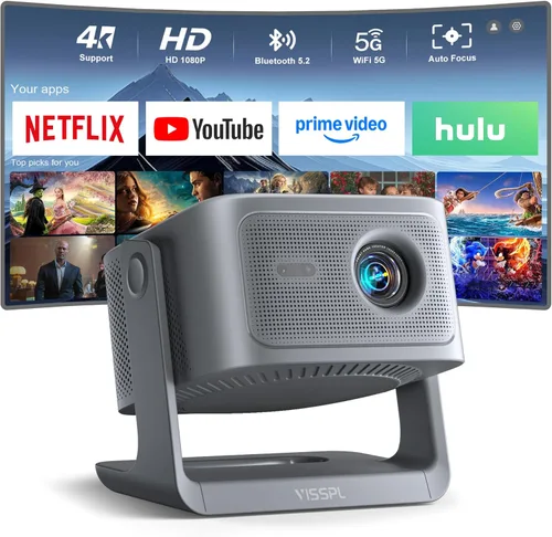 【2200ANSI y aplicación con licencia oficial】Proyector inteligente 4K con WiFi y Bluetooth, VISSPL 3D Dolby Audio y enfoque automático, proyector