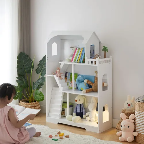 Vista 9 de Estantería de Casa de Muñecas de Madera - Estantería de Casa de Muñecas para Niños Pequeños, Espacio Extra para Almacenamiento de Juguetes y Libros