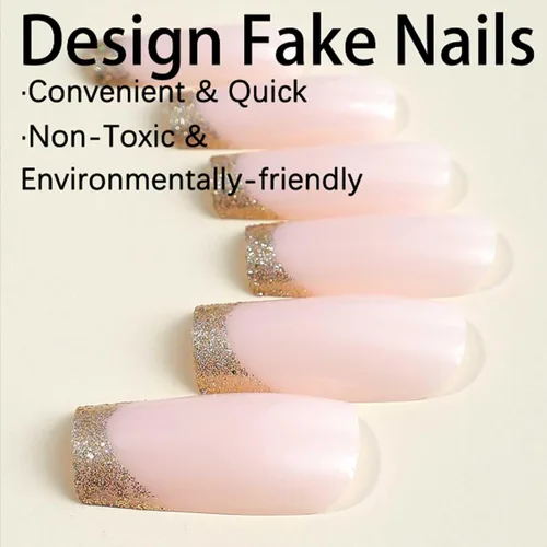 Vista 3 de Uñas postizas francesas de lujo, uñas postizas con puntas largas cuadradas, uñas postizas de color desnudo, con brillo acrílico, estilo bailarina