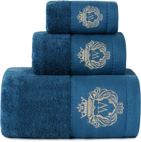 Vista 10 de Juego de toallas de baño de lujo súper suaves y altamente absorbentes de 100% algodón premium para regalos (Azul-A)