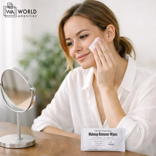 Vista 5 de World Amenities - Toallitas removedoras de maquillaje a granel 50 unidades Envueltas individualmente, limpieza suave, sin alcohol - Todo