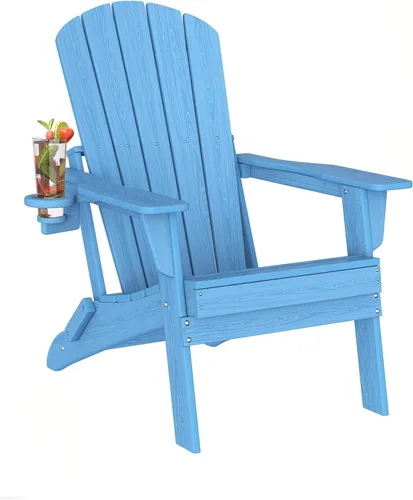 Vista 21 de Plawdlik Silla plegable Adirondack, probada por SGS, con textura de madera y portavasos, resistente a todo tipo de clima, de HDPE, cómoda