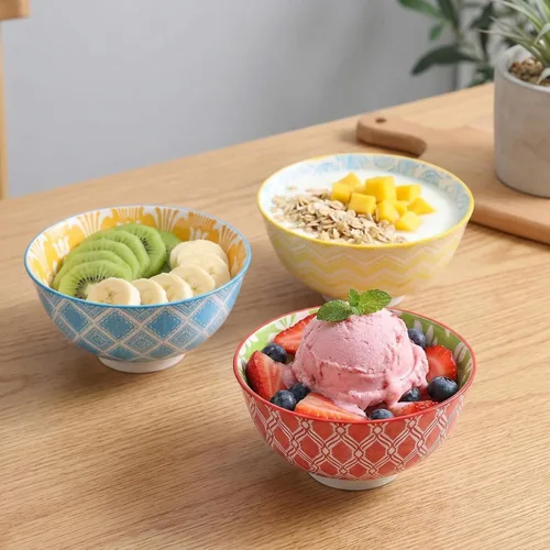 Vista 5 de Juego de 6 cuencos de postre pequeños de cerámica para helado, aperitivos, arroz, estilo colorido y lindo, aptos para microondas y lavavajillas