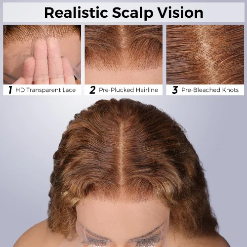 Vista 5 de Pelucas de cabello humano con encaje frontal 4/27, prearrancadas con abuelitos, densidad del 200%, pelucas de ondas de agua transparentes HD de 13 x