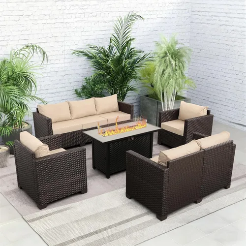 Rattaner - Juego de muebles de patio al aire libre de 5 piezas de 45 pulgadas, juego de muebles con fogatas al aire libre de 60000 BTU, fogata de