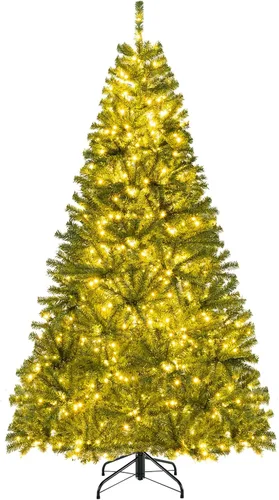 Vista 11 de Goplus Árbol de Navidad artificial preiluminado de 6 pies, árbol de Navidad a control remoto con 700 luces LED blancas cálidas, 3 modos Verde